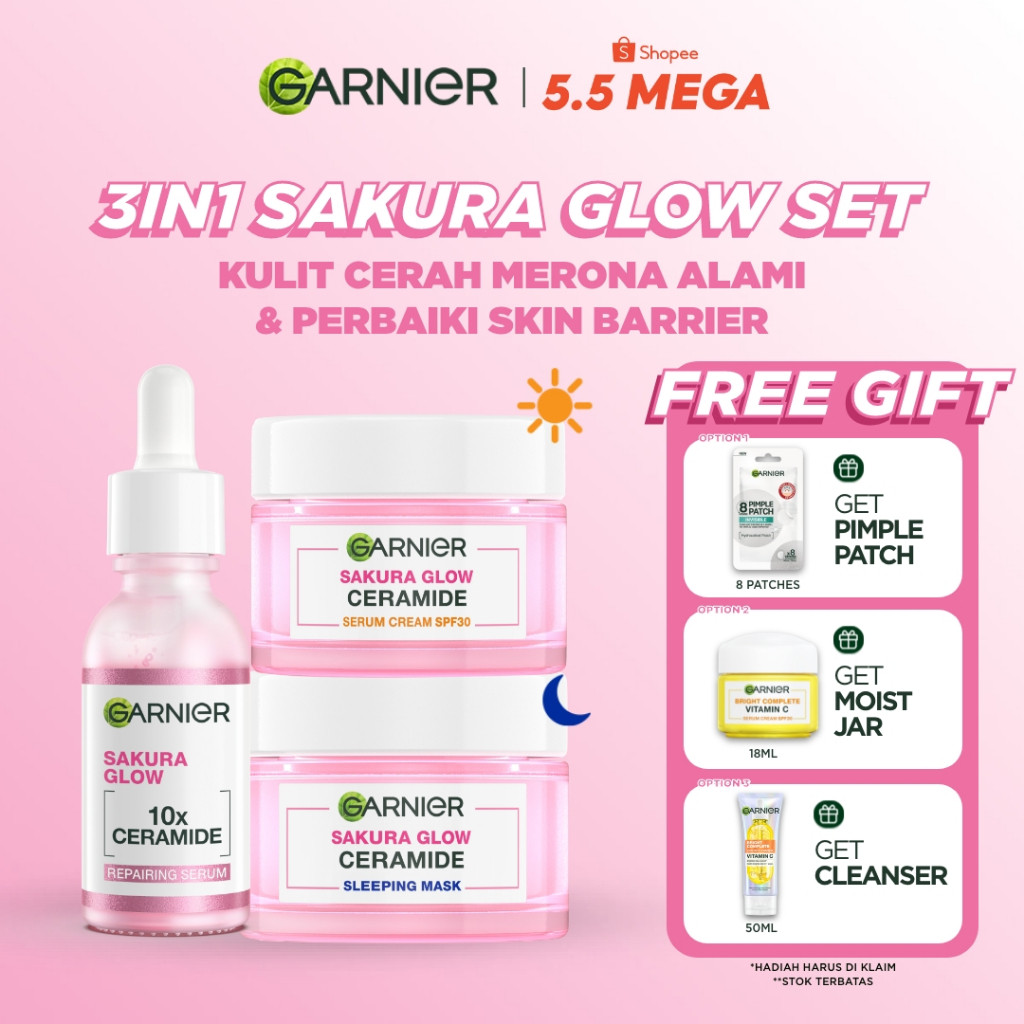 GARNIER Paket Skincare 1 Set Lengkap Sakura Glow Ceramide Skin Barrier Hydrating Daily Set Serum & C
