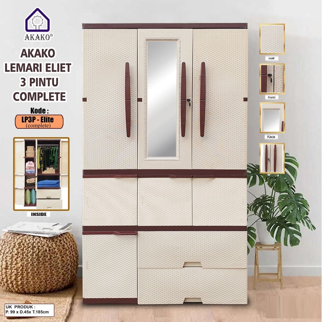 CIKUCHI - AKAKO Lemari Pakaian Baju Plastik LP3P JUMBO BESAR Akako ELITE 3 PINTU GANTUNG KACA CERMIN