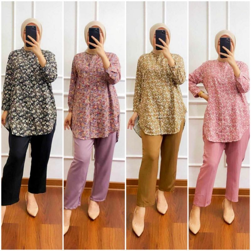 Nadine Flower Set - One Set Wanita Kekinian Kemeja Shakila Twill Setelan Baju Set Celana Panjang