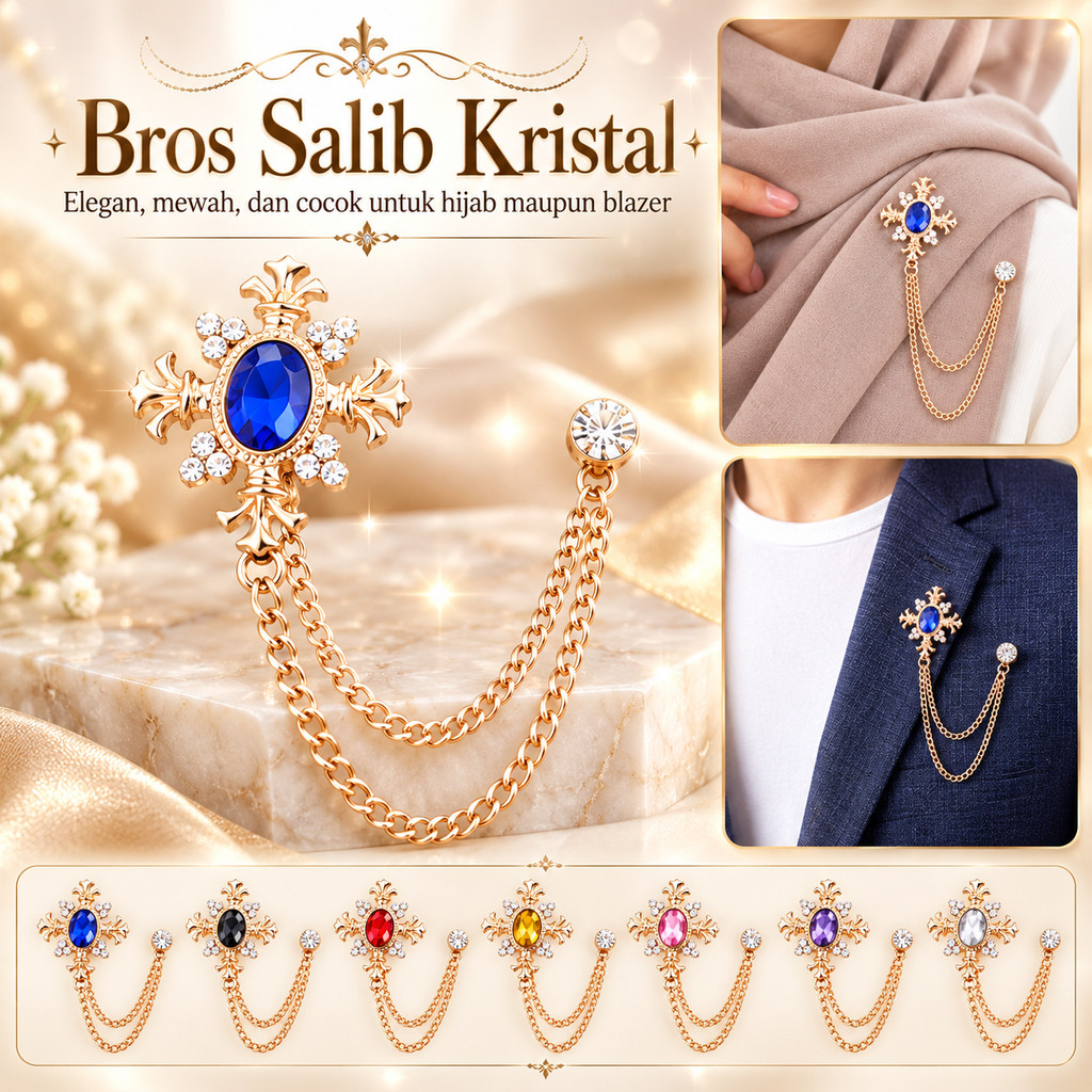 Bros Salib Kristal Wanita Pria Elegan Bros Hijab Jilbab Jas Blazer Aksesoris Rantai Mewah