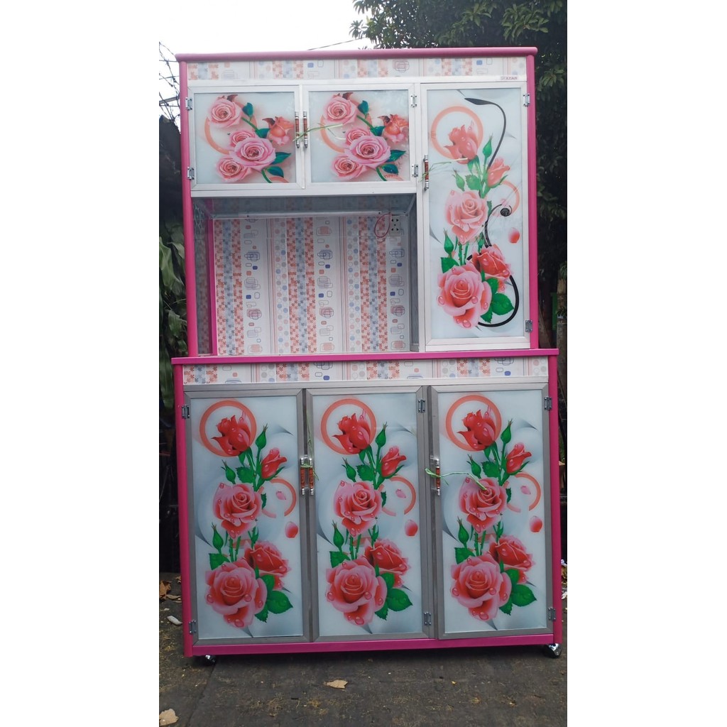 Rak Piring Kaca Lukis 3 Pintu Gendong Bunga Roda THB Alas Keramik