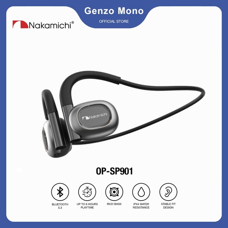 Nakamichi OP-SP901 Earphone Terbuka Konduksi Udara Bluetooth TWS HD - Earphone Tanpa Kabel Open-Ear,