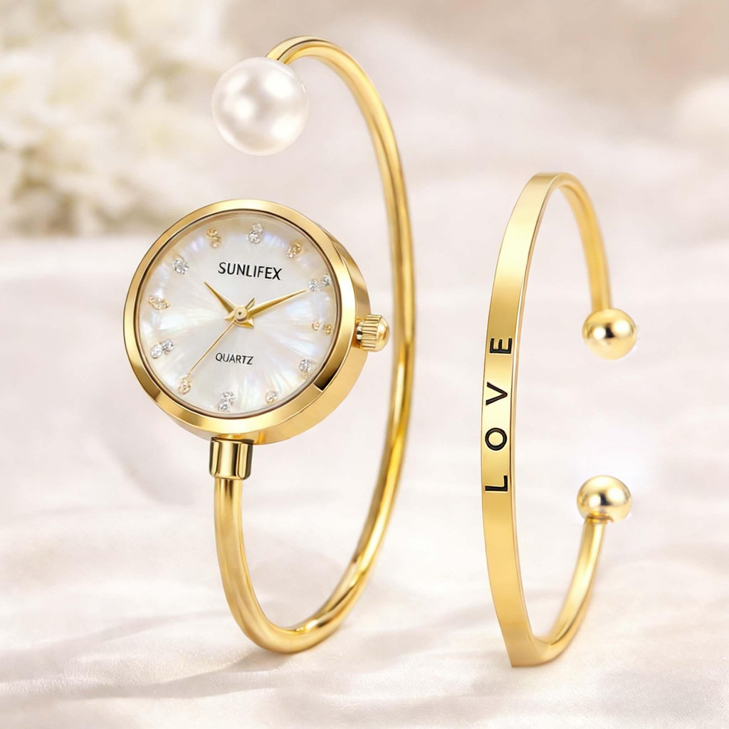 Jam Tangan Wanita + Gelang Jam Tangan Kuarsa Wanita Bulat Dial Kecil Pearl Gelang