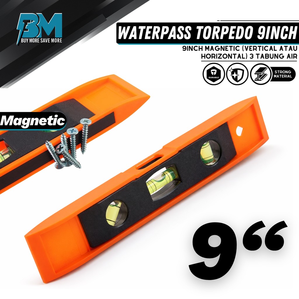 WATERPAS MAGNET 9" WATERPASS TORPEDO 225MM PENGGARIS AIR PENDEK MISTAR TIMBANG MINI 22.5CM PENGUKUR 