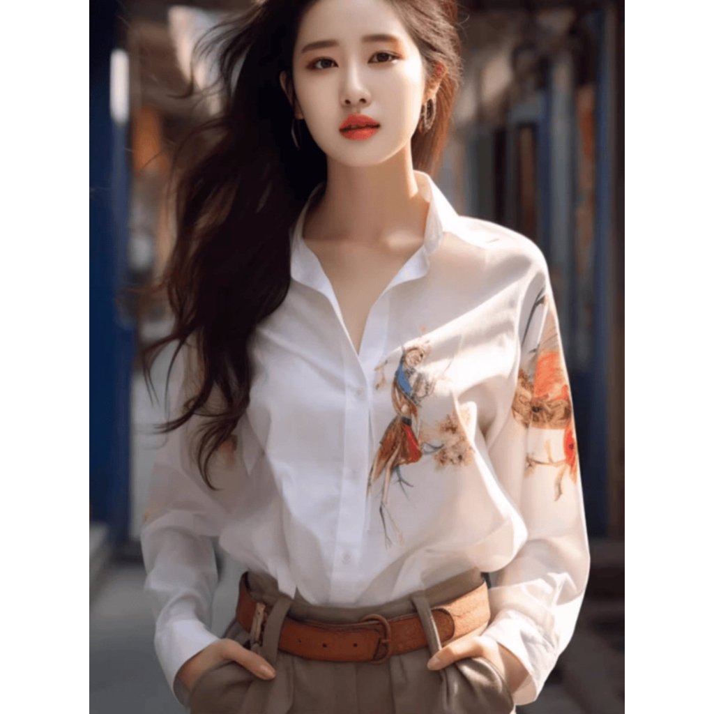 Kemeja Putih Wanita Sutra Premium Motif Cetak 2026 Kerah Polo Satin Asetat