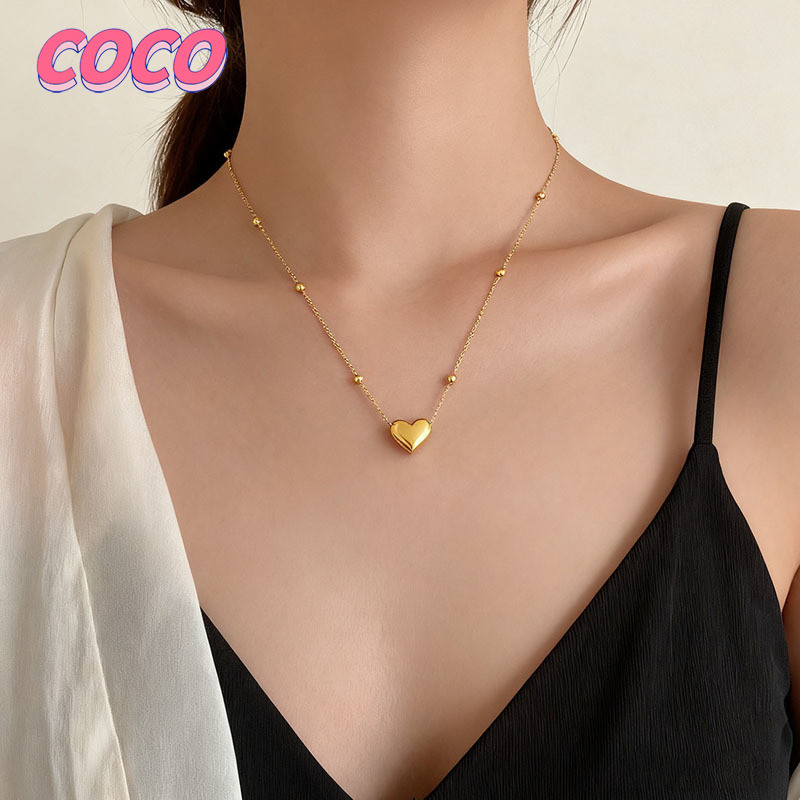 Kalung Titanium Wanita Anti Karat Hati Love Liontin Emas Korea 3D Hati Emas Perhiasan Anti-Luntur Pa