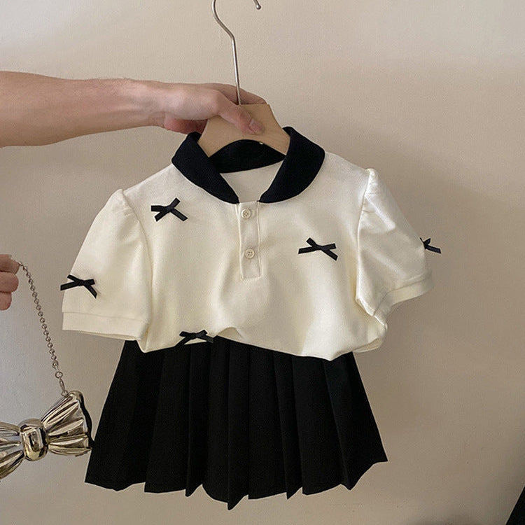 [5071101] - One Set 2in1 Baju Setelan Atasan Bow Lengan Pendek Bawahan Celana Rok Pendek Hitam Plisk