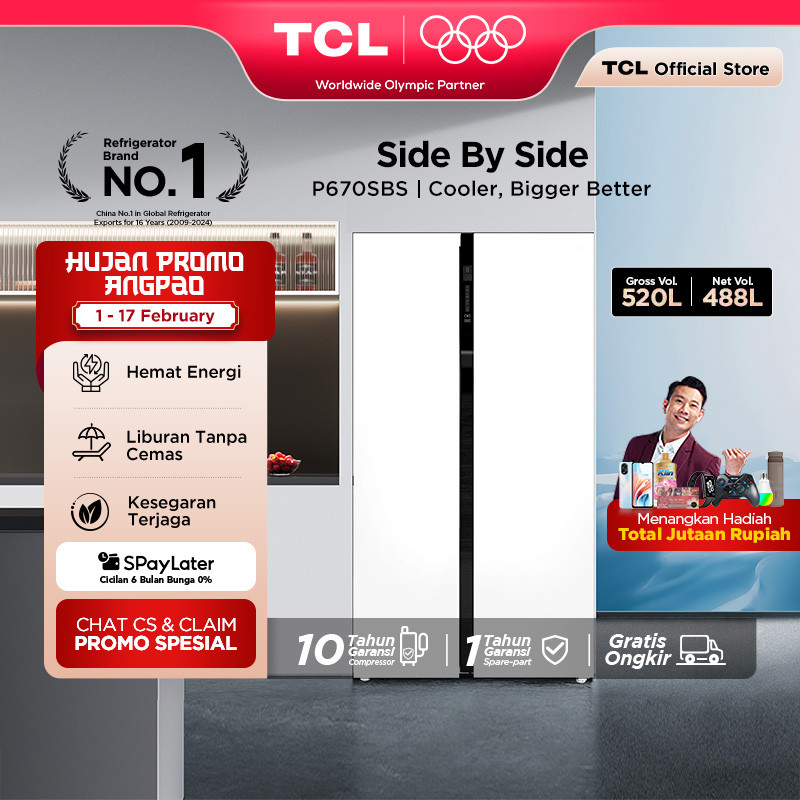 TCL Kulkas 2 Pintu Side by Side - Kapasitas 520L - Holiday Mode - Twin Eco Inverter - AAT Gen 2 Natu