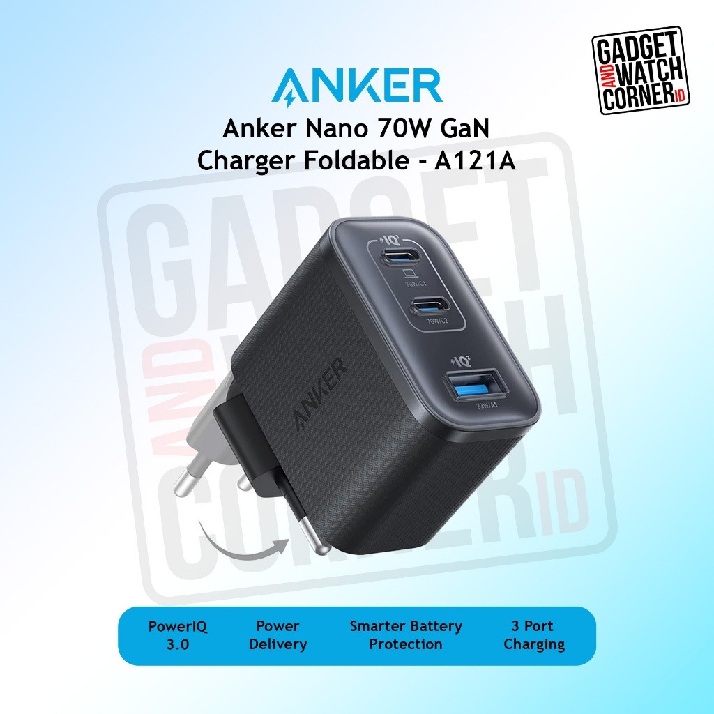 Anker Nano 70W Gan Double-Gan Portable Charger Fordable Fast Charging 3 Ports - A121A