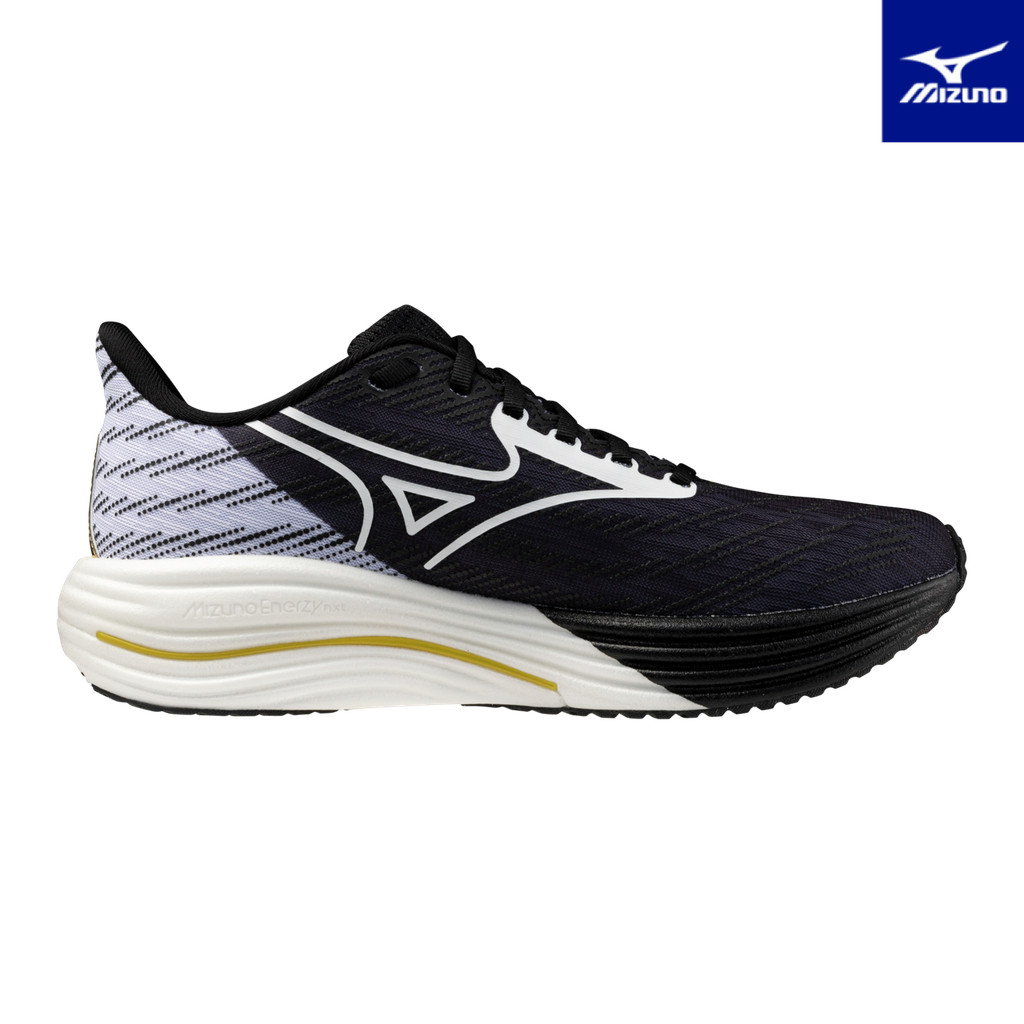 Mizuno Wave Rider 29, Unisex Running Shoes, Black / White / MORELIA Gold - Sepatu Lari Pria dan Wani