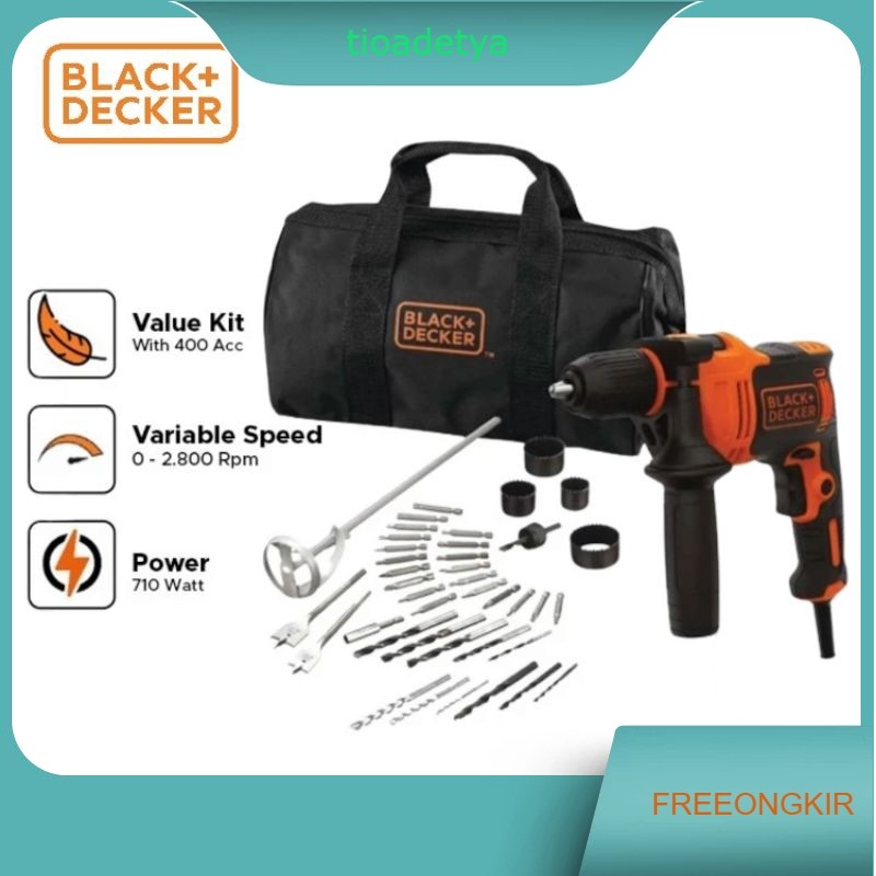 Bor Black Decker BEH710SA40 Bor Listrik Hammer Drill + Aksesoris 40pcs