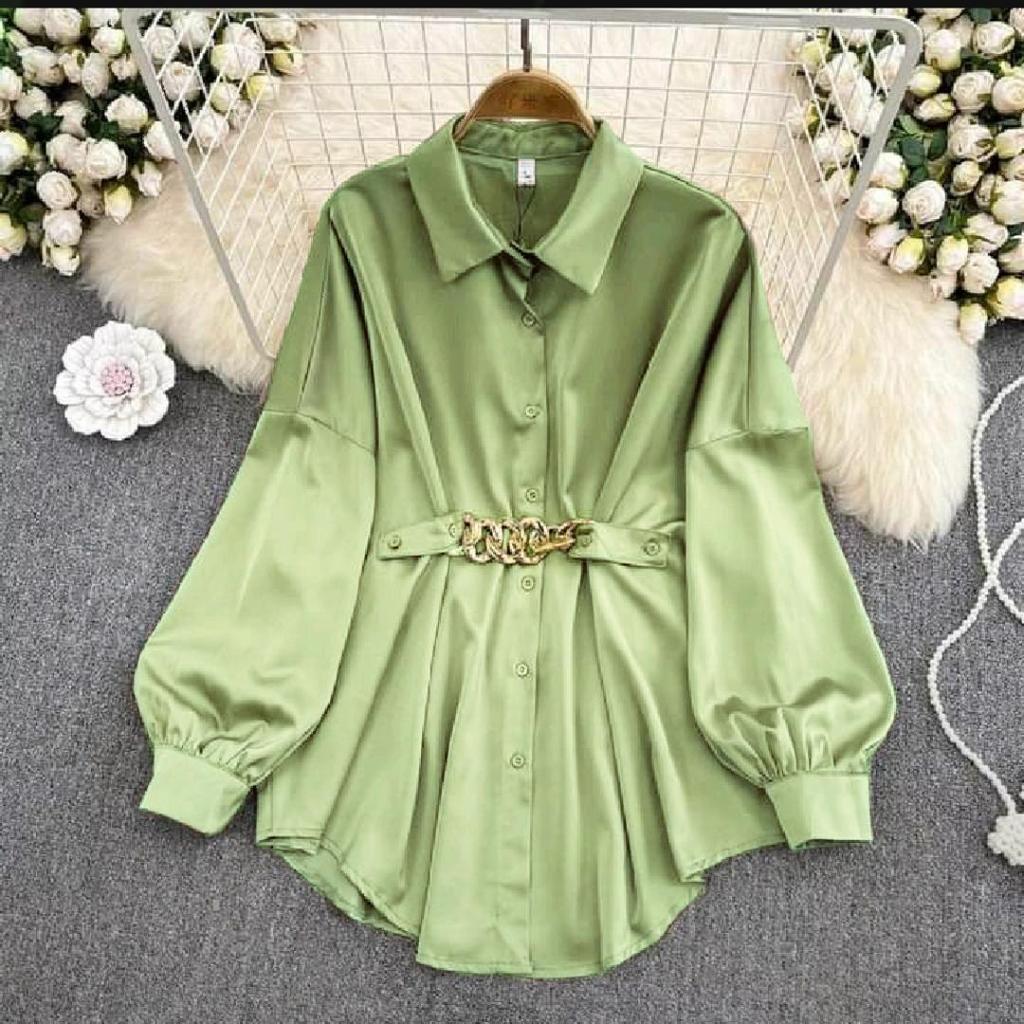 Melda Kemeja Wanita Dewasa Jumbo Motif Rantai Poloa Lengan Balon F.O