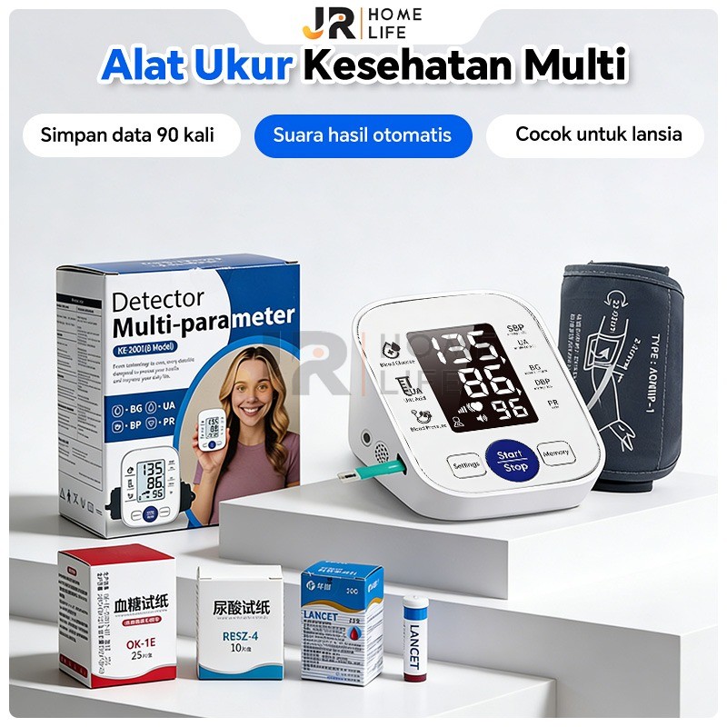 Alat Monitor Kesehatan 4 in 1: Tekanan Darah, Gula Darah, Asam Urat, Nadi - Layar Besar, Suara Otoma