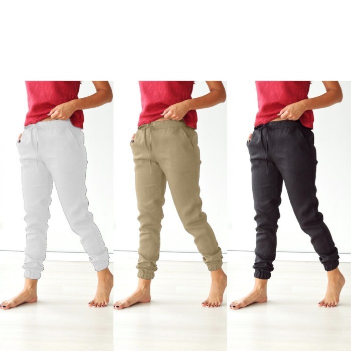 Celana Panjang Wanita Jogger Bahan Katun Linen - hitam , putih ,khaki.LINEN PREMIUM STYLE