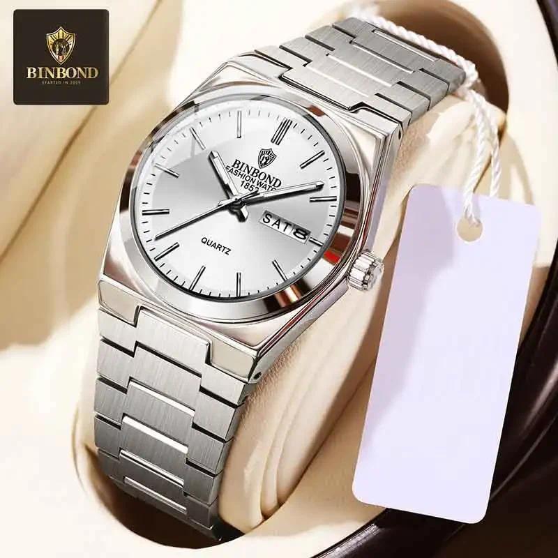 BINBOND Brand Fashion Women's Quartz Watch Stainless Steel Sports Original Waterproof Night Light Da