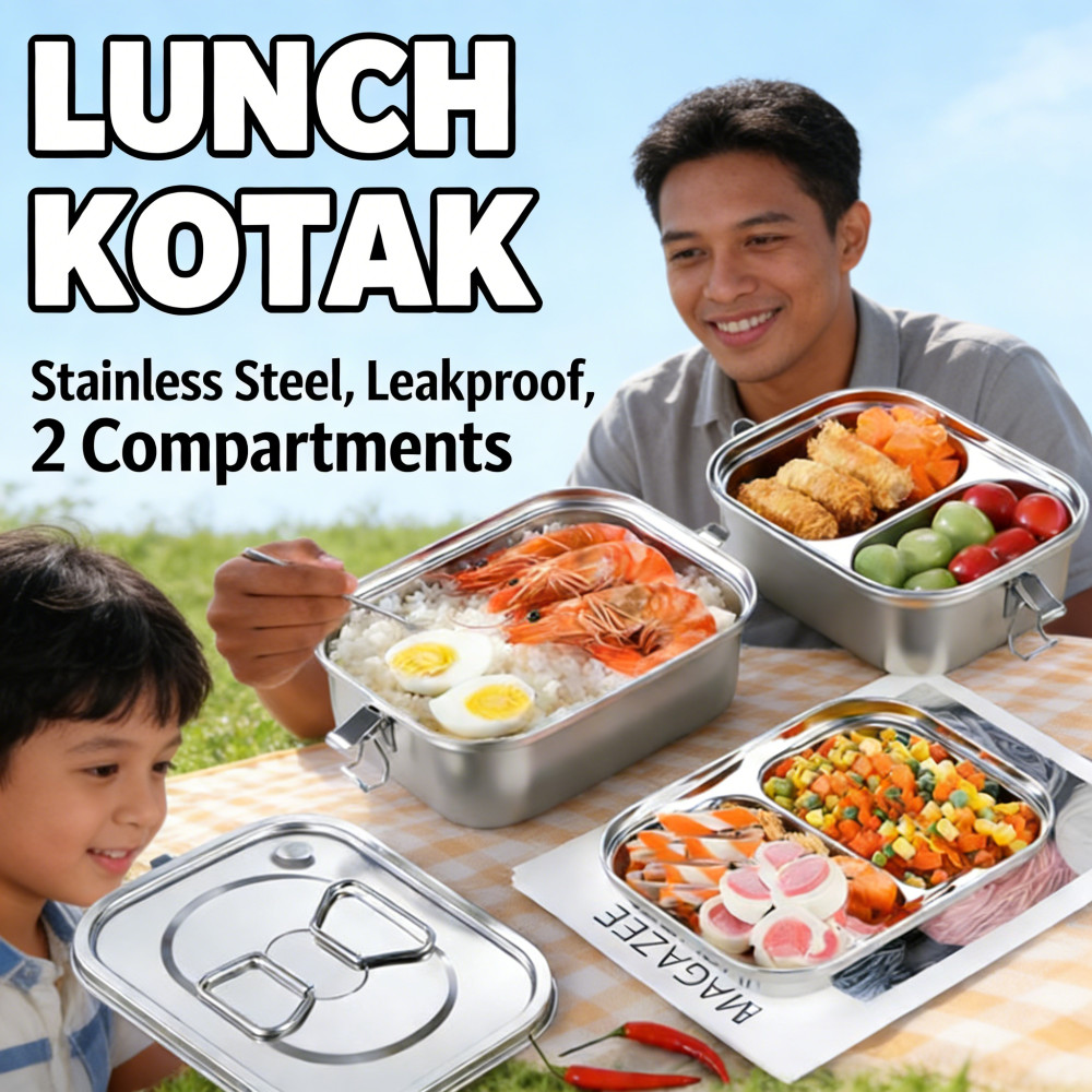 Sekat Anti Tumpah Kotak Makan Tempat Makan Makan 2 Tingkat Stainless Tempat