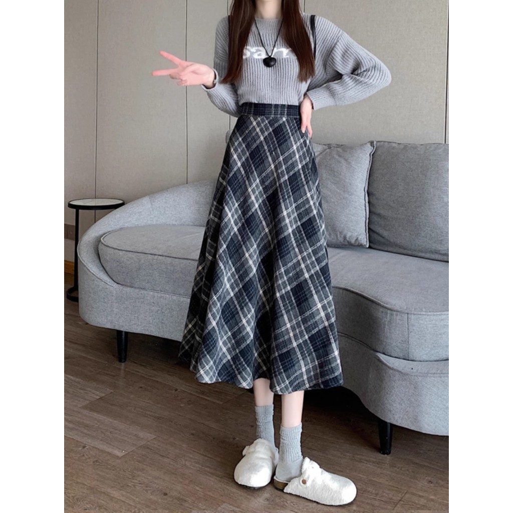 NALII  COD Rok payung retro motif kotak-kotak model A-line panjang sedang ala Korea