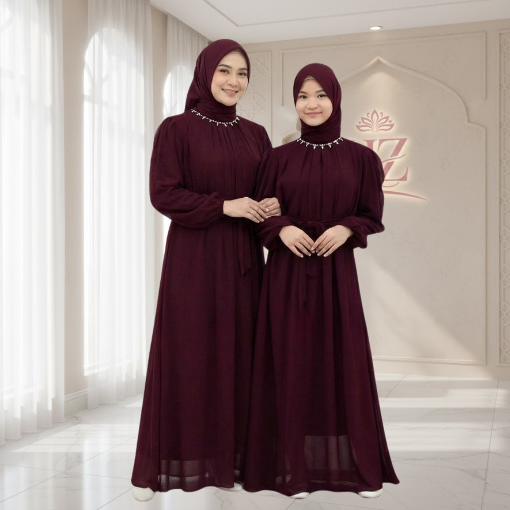 Abaya  Couple Ibu dan Anak perempuan remaja tanggung ceruti warna Mahogani Burgundy