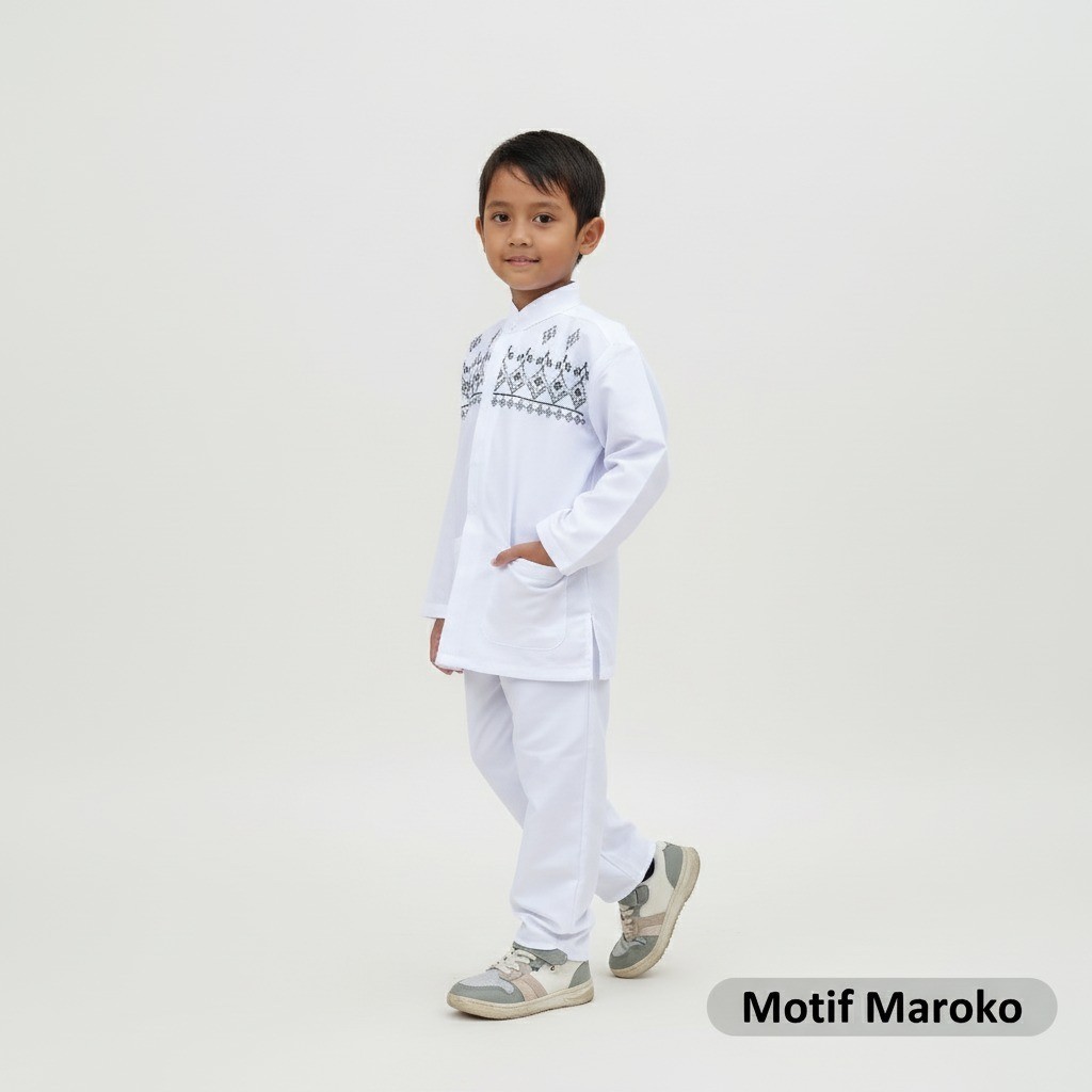 Baju Koko Set Anak Muslim Putih Lengan Panjang untuk Sekolah TK, SD, MI