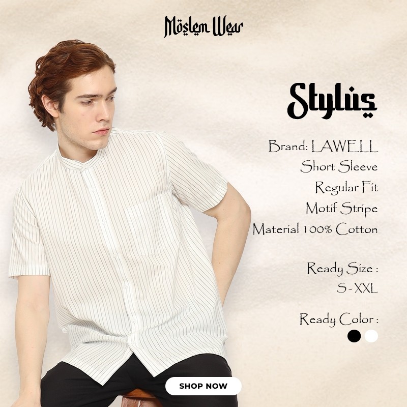 [17] LAWELL STYLUS-S Baju Koko Pria Lengan Pendek Regular Fit Motif Garis Sedang