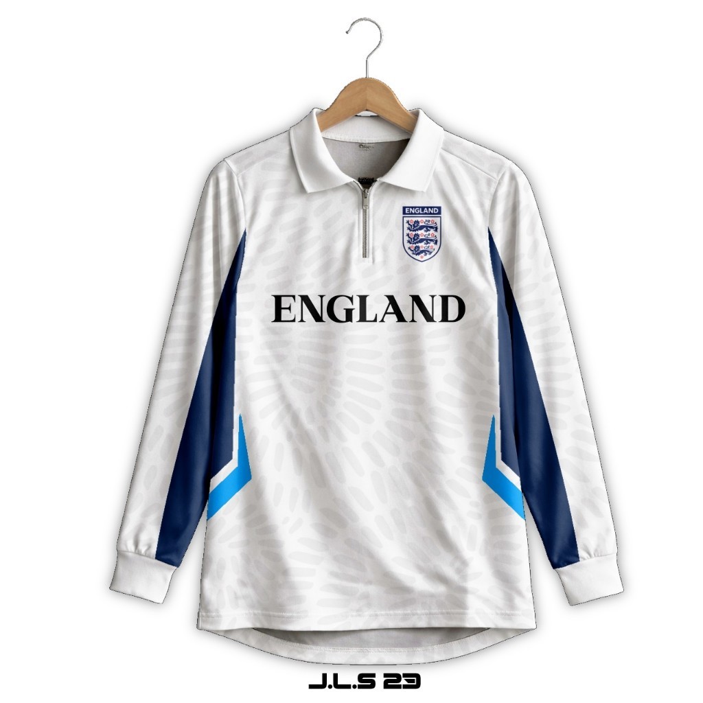 ERFO - JLS23 - Jersey Casual England White Fantasy Longsleeve - Baju Bola Kerah Resleting Retro Styl