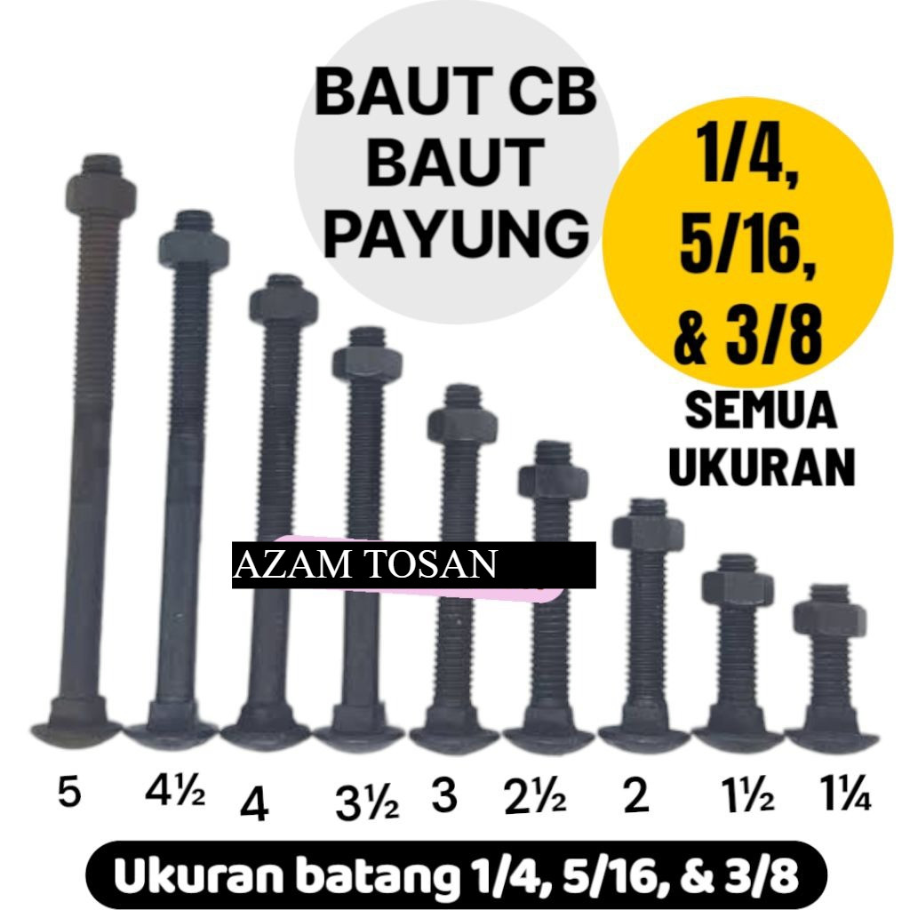 [1Dus] Baut Mur CB Hitam 1/4 5/16 3/8 Baut Payung Hitam Baut Topi Hitam KUNCI 10 KUNCI 12 KUNCI 14