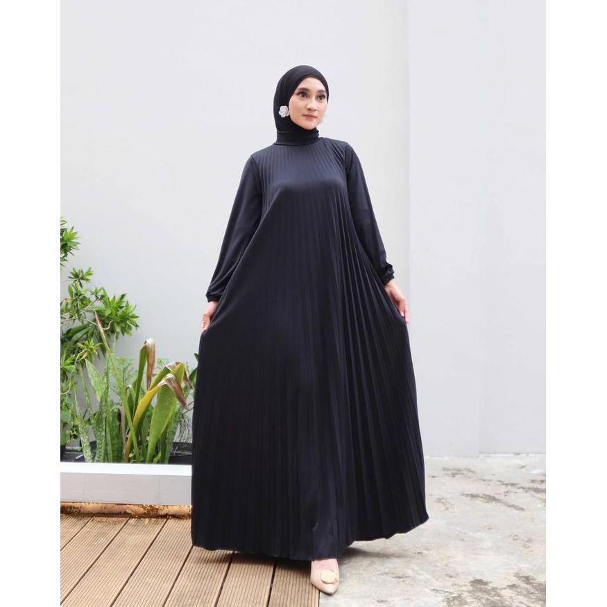 Baju Dress Gamis Hamil Muslim Pesta Plisket - Pleated Dress FDD033 - Hitam