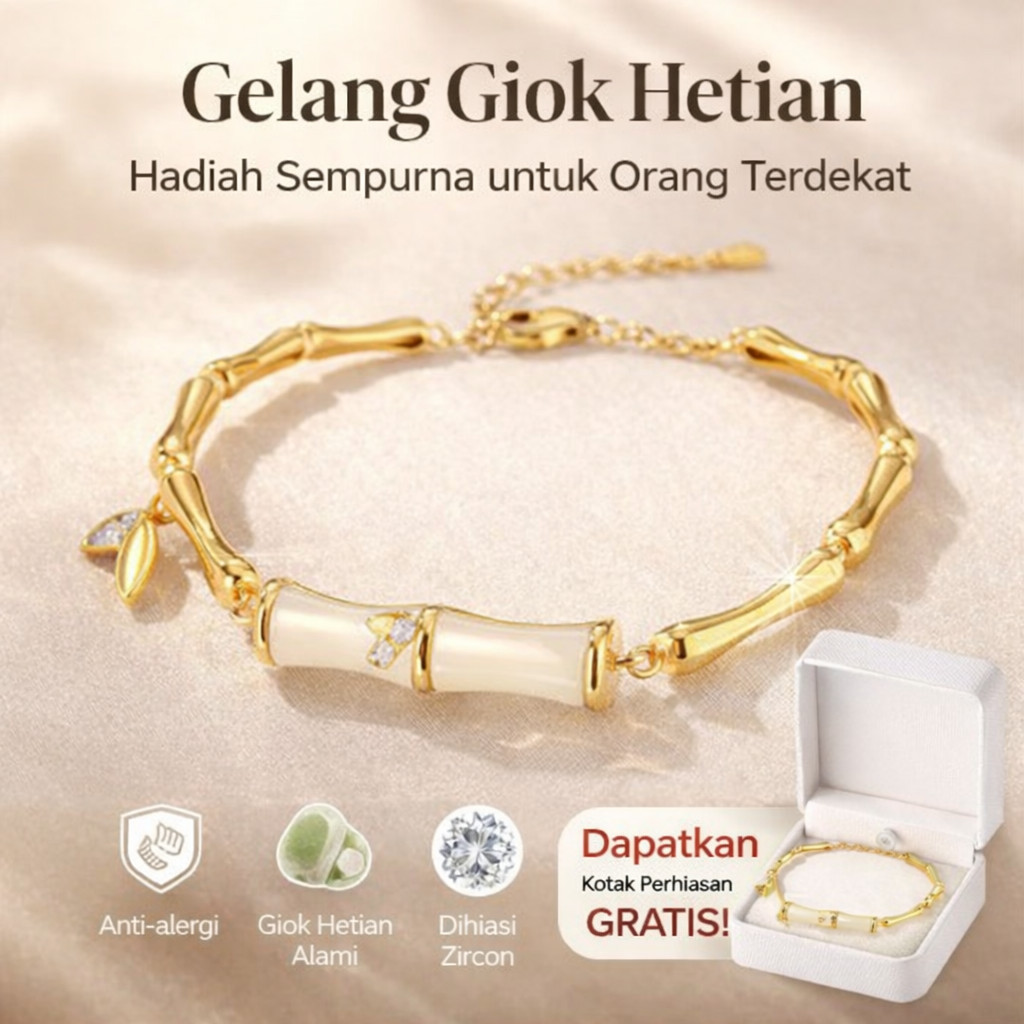 [Ramadan Sale] Gelang Giok Hetian Asli Model Bambu Bamboo  Lapis Emas 24K Simbol Rezeki Lancar  Mewa