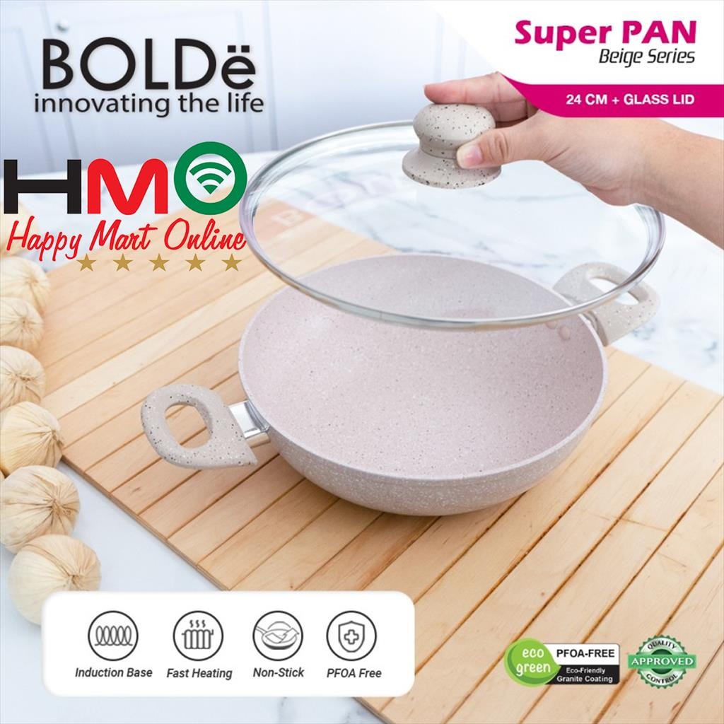 Wajan Bolde Super Pan 2 Ear Wok 24CM + Lid Beige Wok Pan Granite Bolde