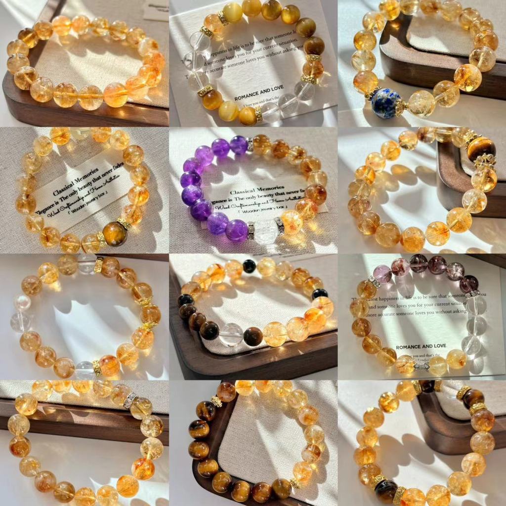 Gelang Batu Mata Harimau Alami Wanita, Kristal Kuning, Kuarsa Phantom