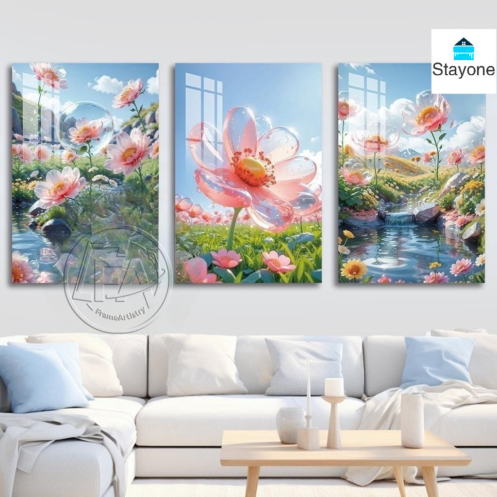 Hiasan Dinding 3 Panel Kristal Keramik - Bunga Abstrak Mewah Untuk Sofa Ruang Tamu