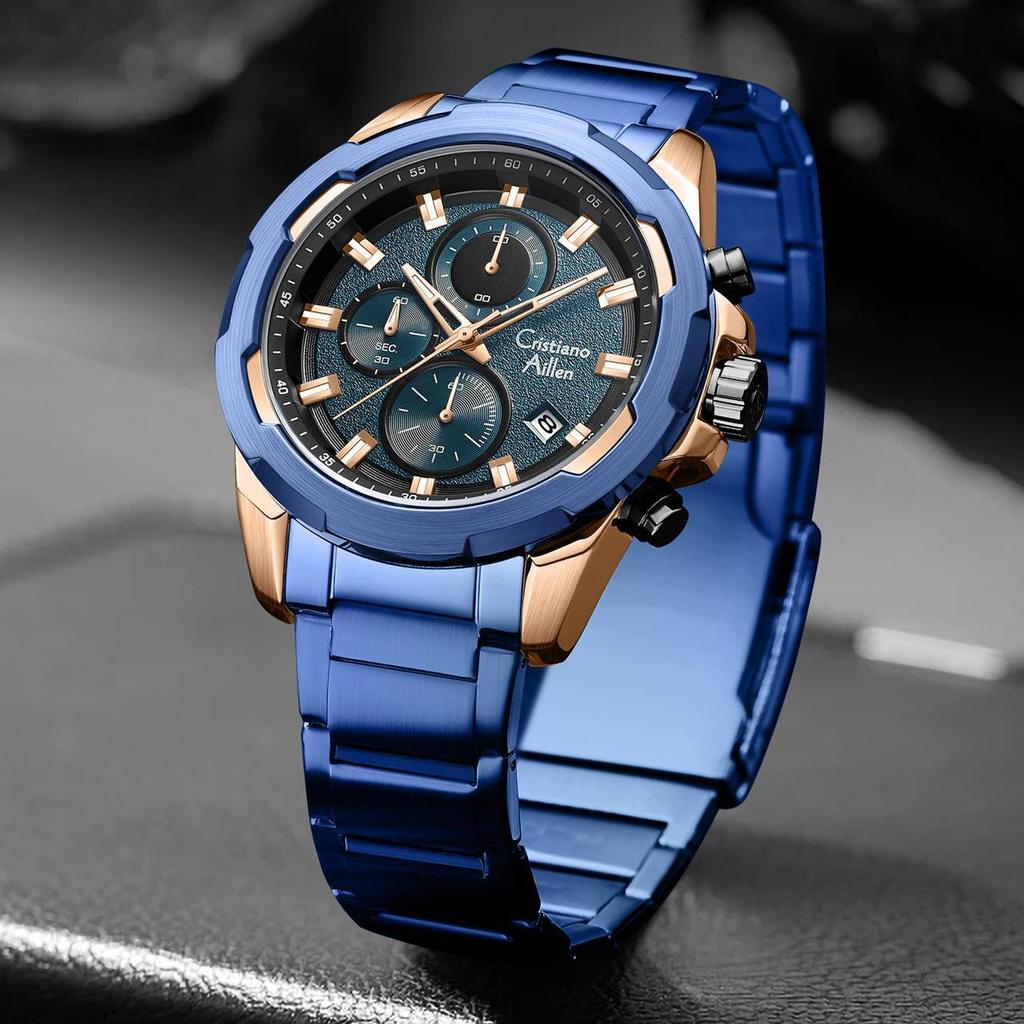Cristiano Aillen Jam Tangan Pria Analog 8888 Rantai Stainless Steel Chronograph Kaca Sapphire Water 