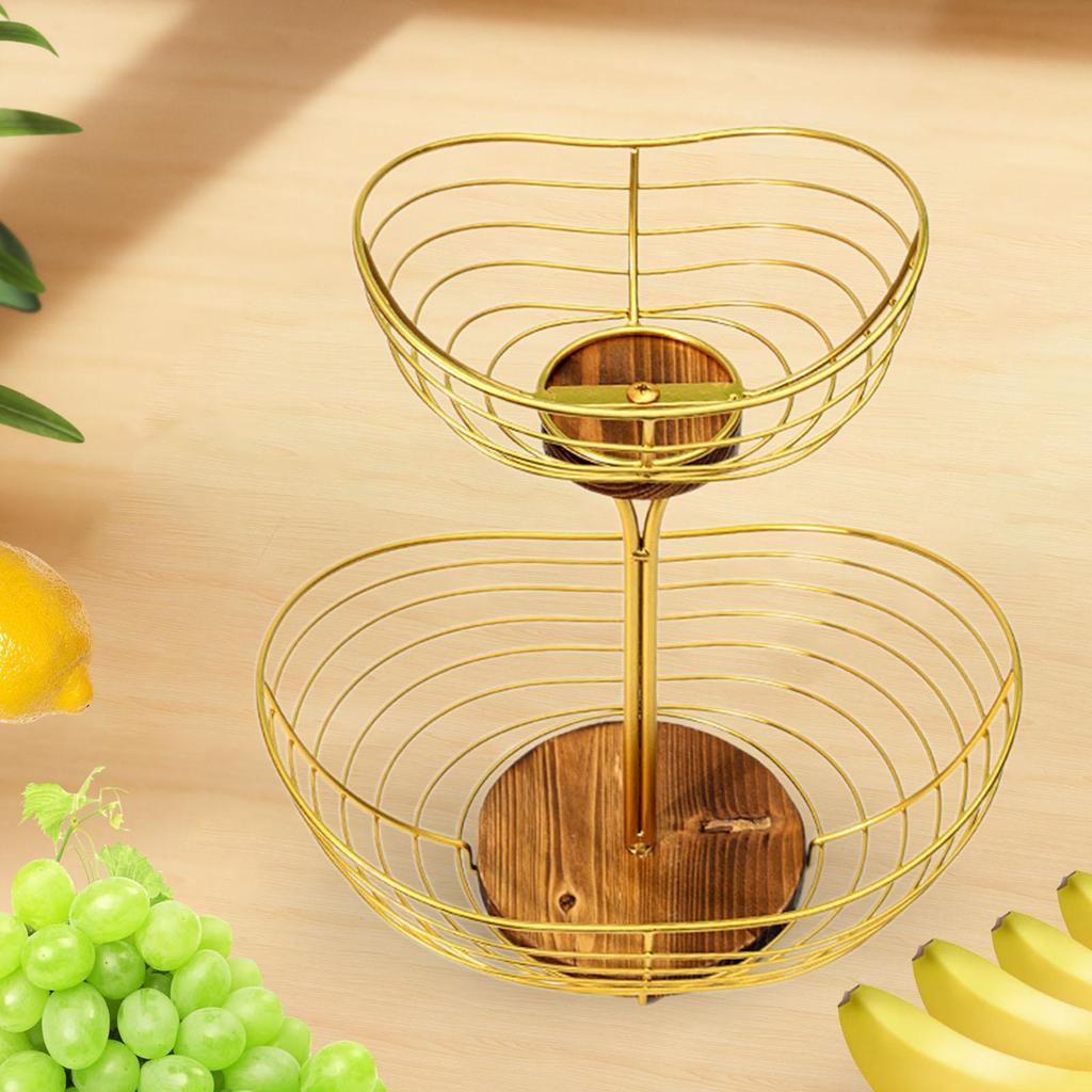 Fruit Basket with Wood Base Metal Wire Decoration 2 Tier Fruit Bowl for Living