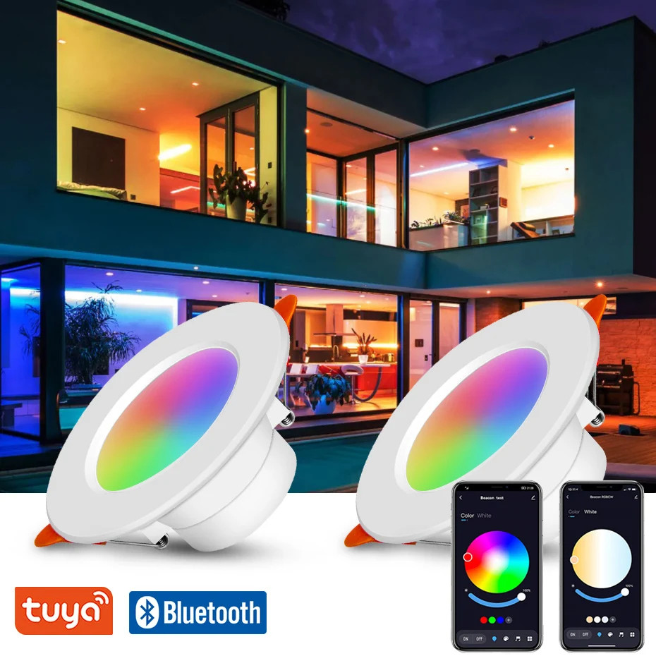 Lampu Downlight LED Smart Bulb Bluetooth App Control Tuya RGBCW 10W Smart Home Panel Light RGB Warna
