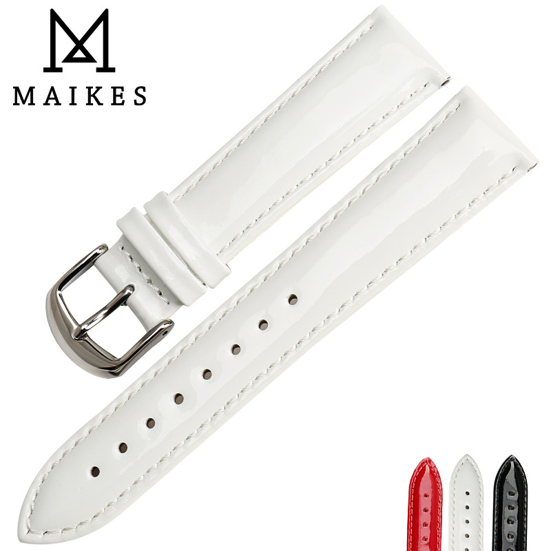 MAIKES New Design 12mm 14mm 16mm 18mm 20mm White Soft Watch Strap Shine Patent Leather Watchbands Ge