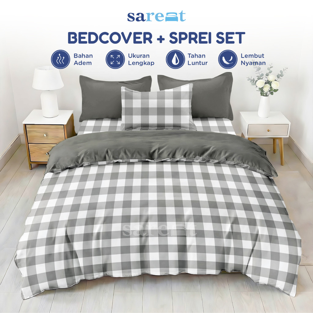 Sarest Bedcover & Sprei Set Gingham Grey Mix Dark Grey Ukuran Lengkap 180x200 160x200 120x200