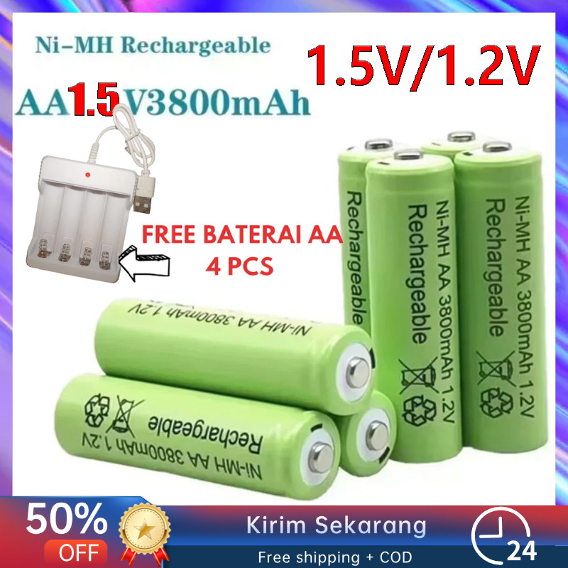 (Free charger) Baterai AA Baterai Ni-MH Rechargeable AA 1.5v AAA 1.2V Cas Rechargeable Charger