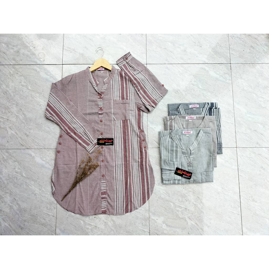 TUNIK wanita motif salur bahan katun triset