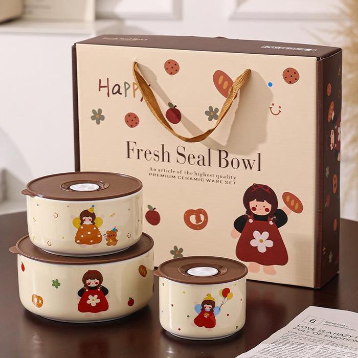 [dapur Liaa] Three Piece Set Sealed Bowl Instant Noodle Bowl Set Gift Microwave / 3 Pcs Set Mangkok 