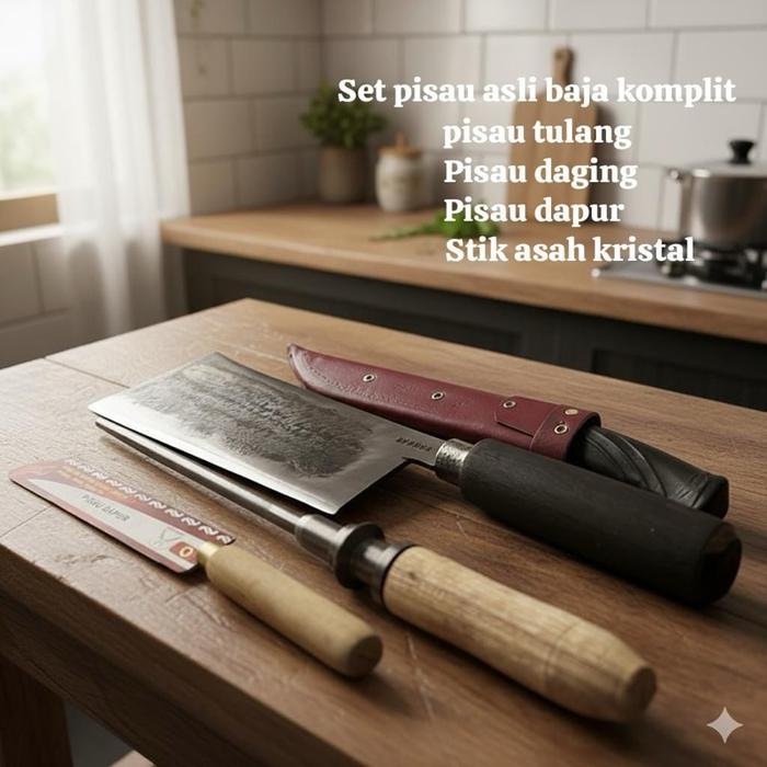 Hot Produk Set pisau 1pisau dapur,1 pisau daging,1 pisau cacah bahan baja & 1stik asah kristal Kitch