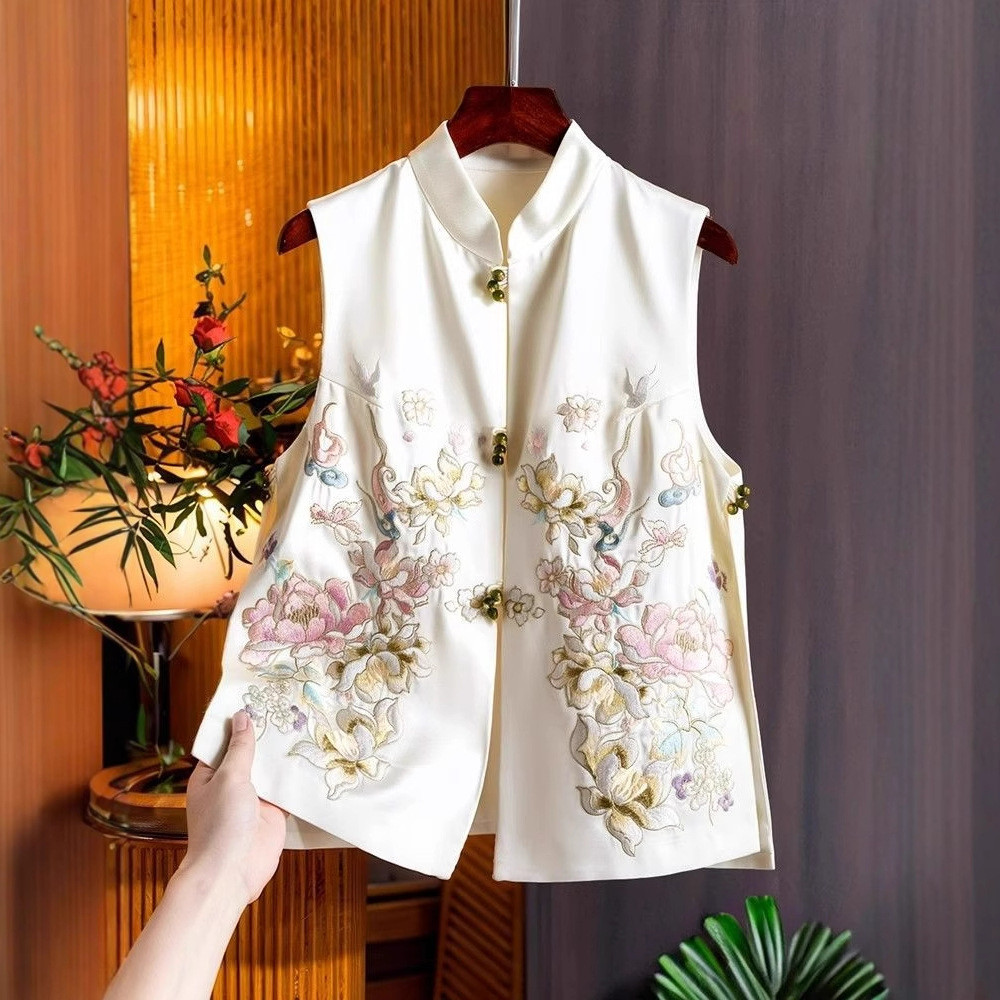 Chic indah asetat satin bunga manik-manik jade gesper rompi jaket wanita