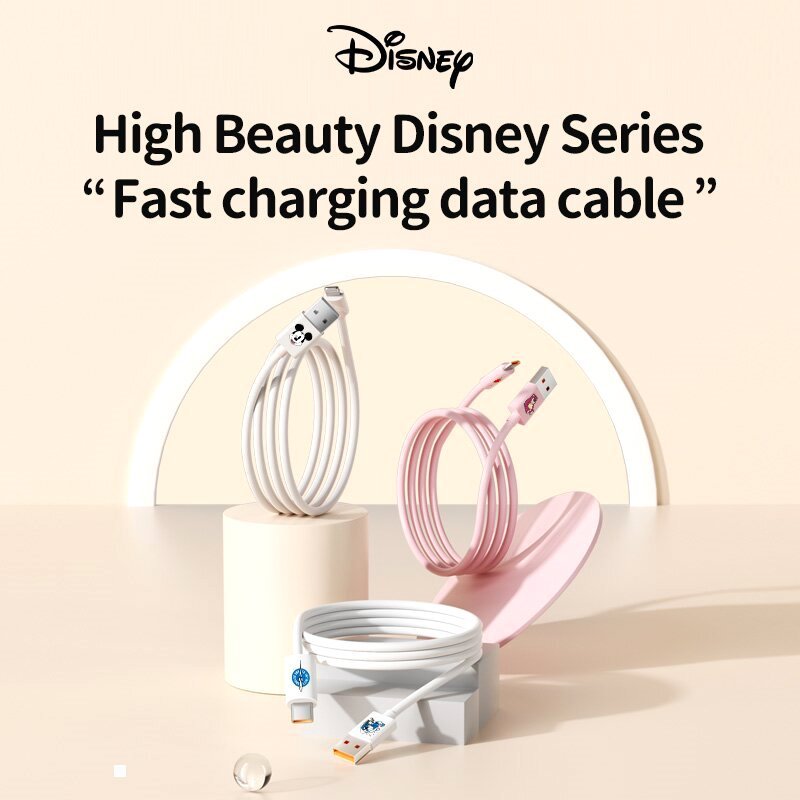 Disney Set Kabel USB-C ke USB-C + USB-C ke Lightning: Kabel Data Cepat, Pengisian Kilat, Nylon Braid