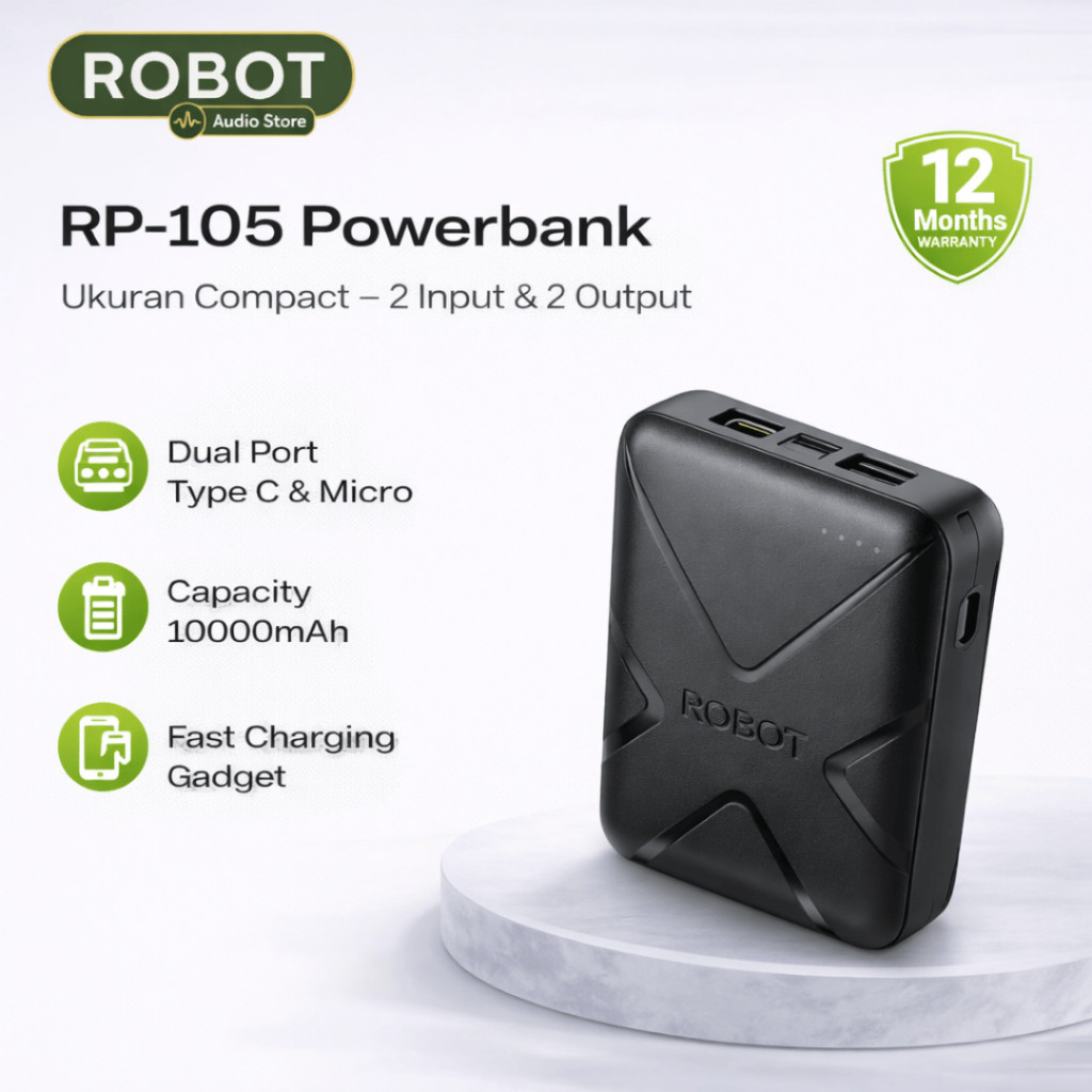 ROBOT Powerbank Fast Charging RP-105 Baterai 10000mAh with Dual Port Type C Micro Powerbank Iphone P