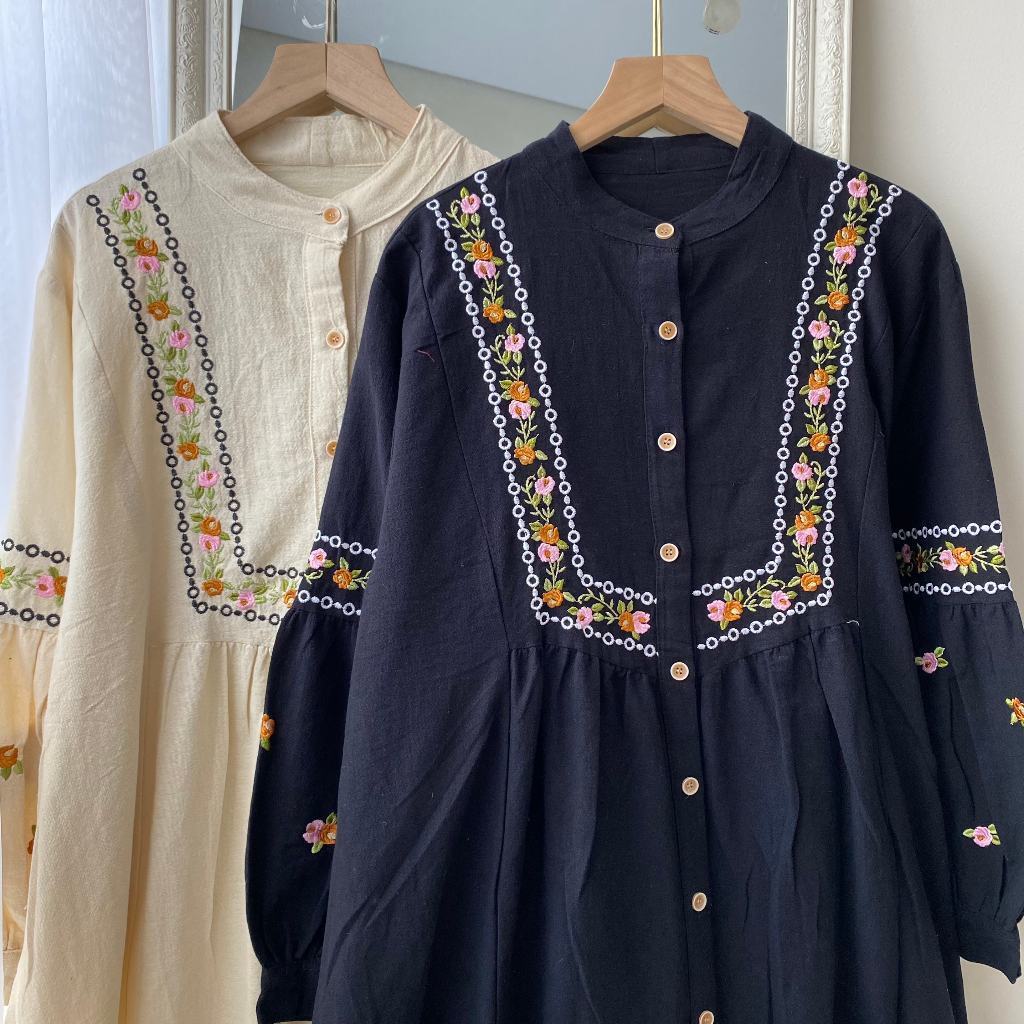 NATASYA Gamis Linen Crew Neck Lengan Balon - Gamis Bordir Busui Friendly