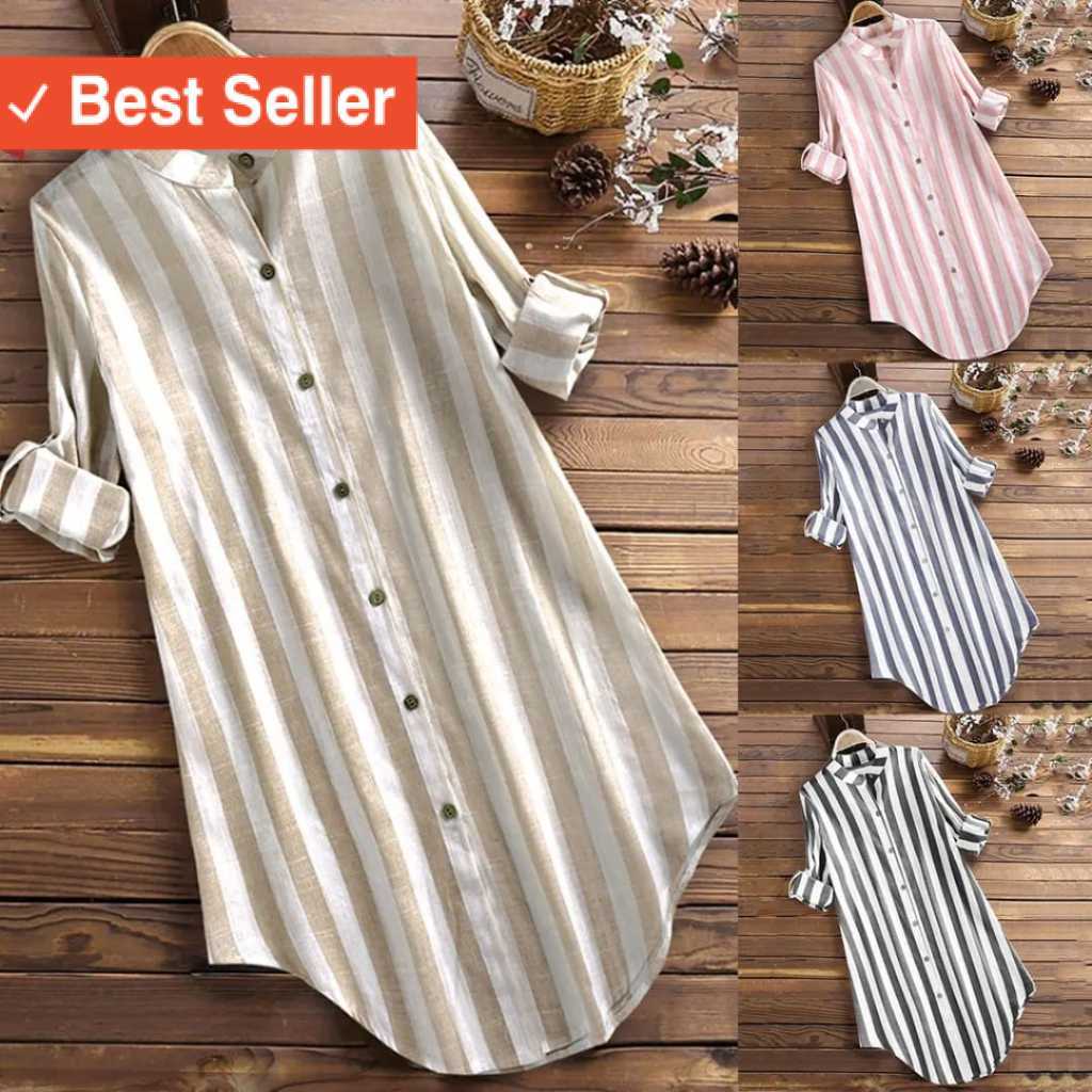 Tunik Wanita Jumbo Lengan Panjang / Tunik Salur Atasan Muslim Motif Salur Bahan Katun Premium / Tuni