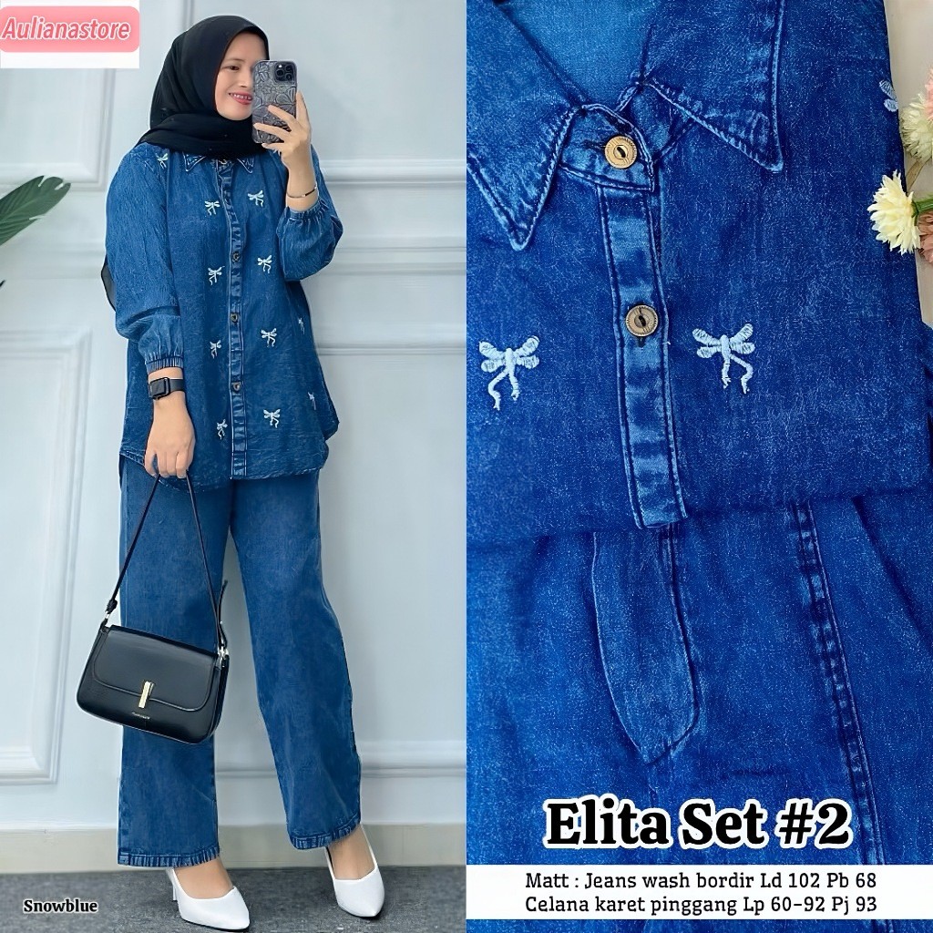 One Set Jeans Elita Setcel Jeans Wash Premium/Setelan Celana Dan Atasan Bordir Wanita Jumbo