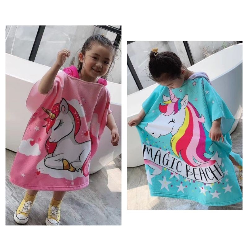 Handuk Renang Microfiber Anak Perempuan Handuk Ponco+Tas Unicorn