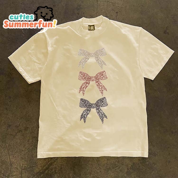 Gaya Korea motif leopard yang modis dan unik dengan pola pita Lengan pendek baju atasan wanita terba