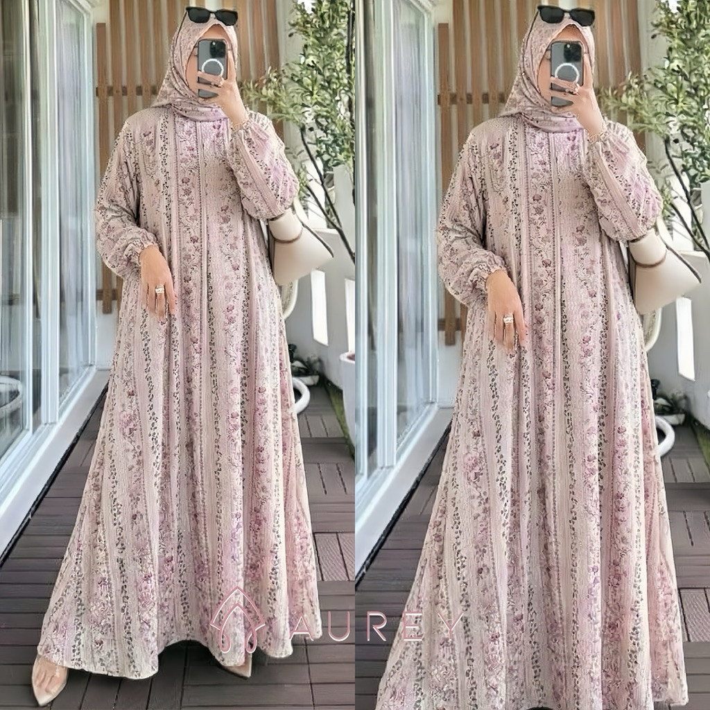 AUREY Gamis Wanita Set Hijab Mayra Dress Rayon Adem Motif Kekinian Wudhu Friendly Free Hijab Segi Em