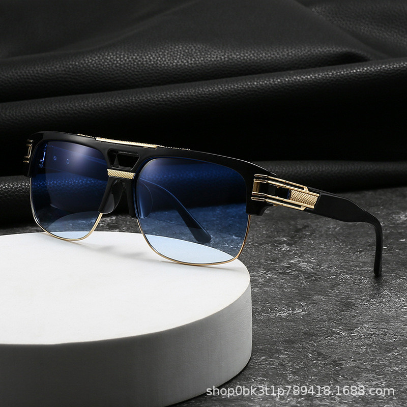 [Saror]Kacamata Retro Double Bridge Steampunk untuk Pria, Kacamata Pelindung Matahari Bingkai Besar 